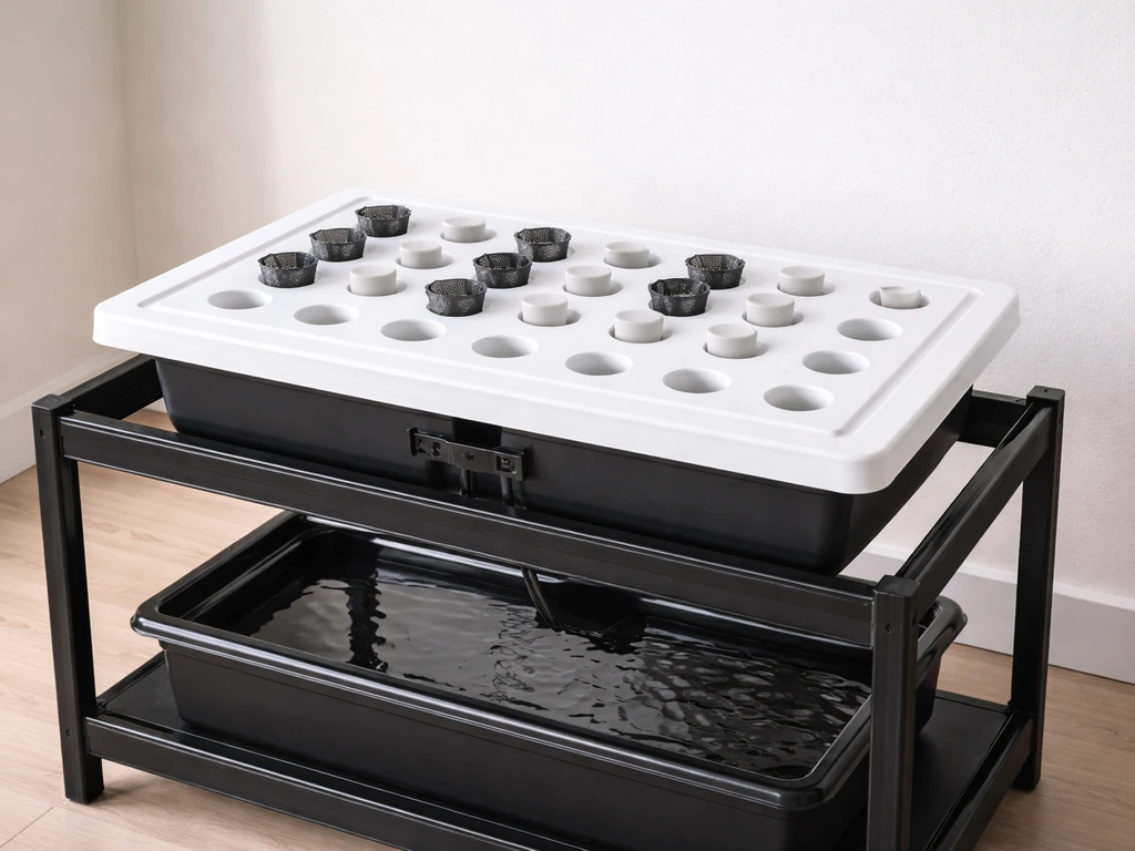 Assembled smart float grow tray setup with tray aligned over the reservoir and seed plugs ready.