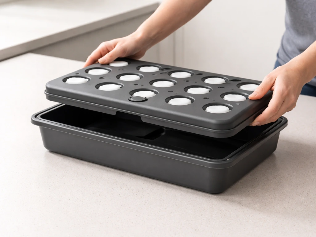 Hands fitting a float tray into a reservoir tray on a clean level countertop