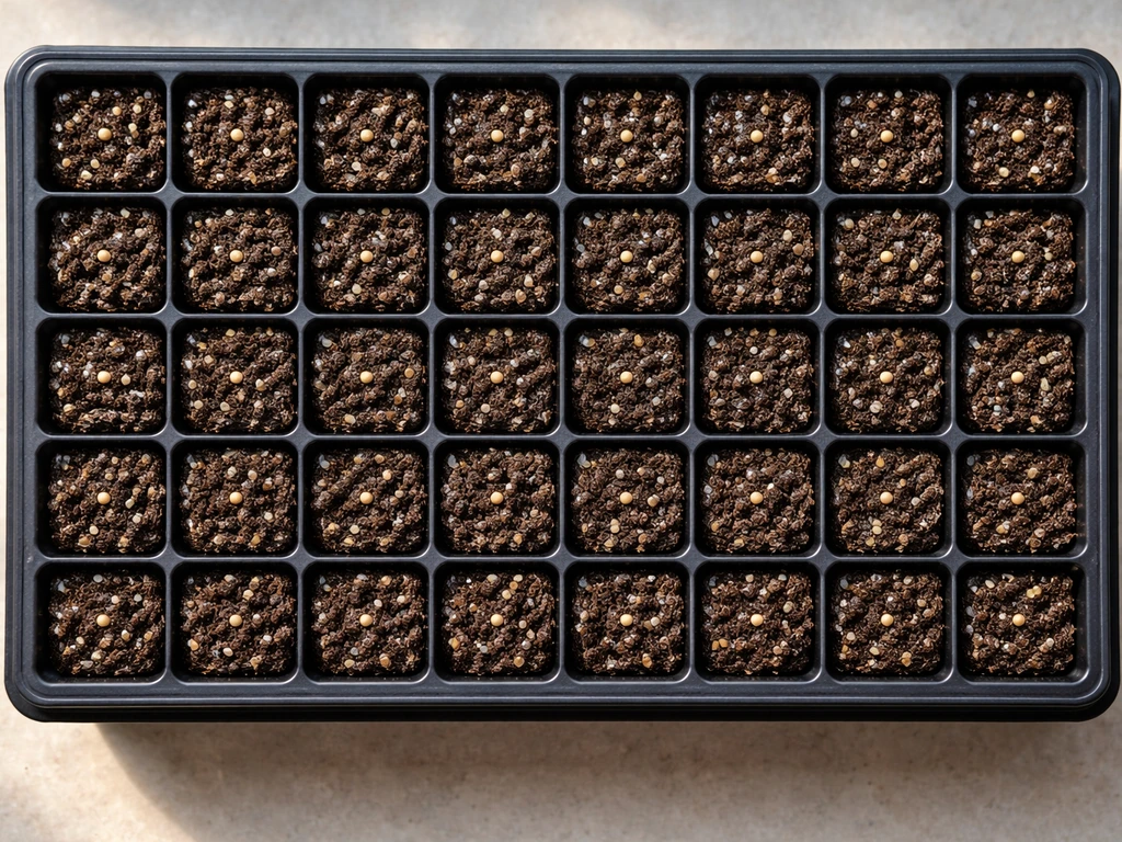 Top-down view of pre-moistened seed-starting plug cells with seeds placed and seated flush in the tray.