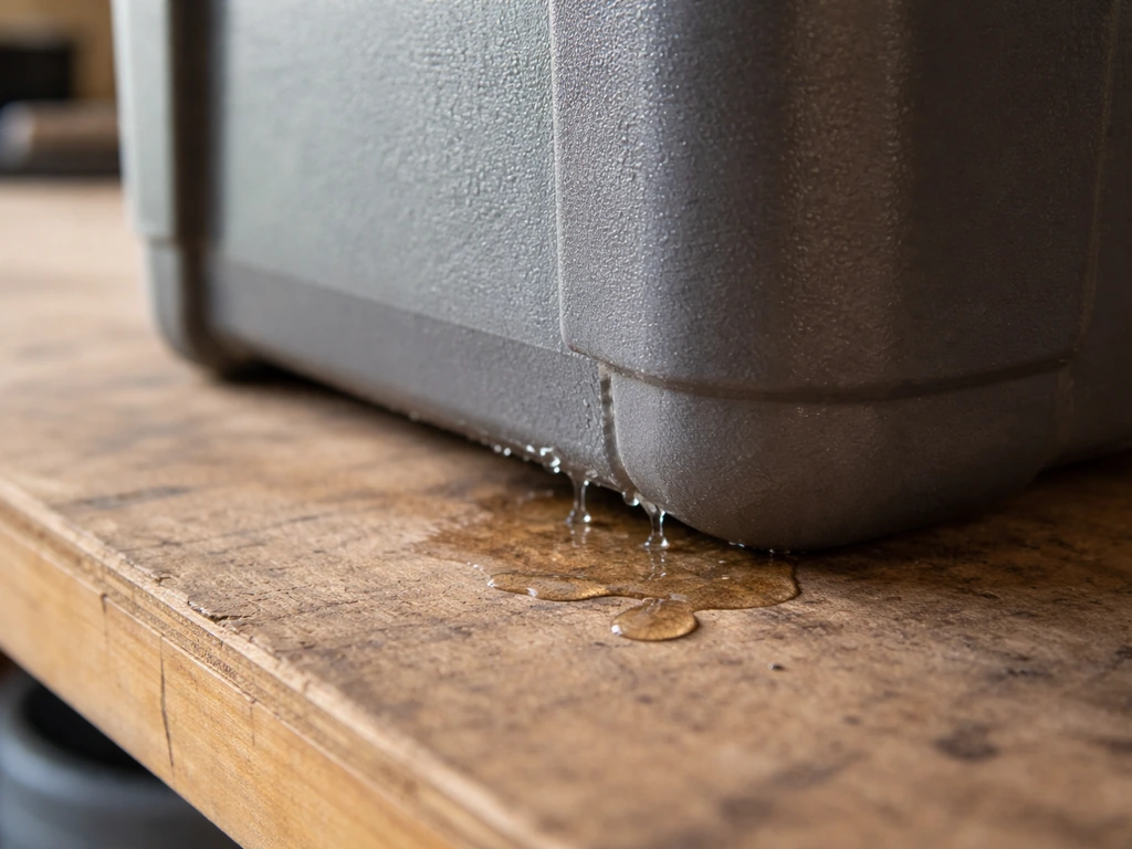 Close-up of a reservoir seam corner with a thin wet water trail showing a slow leak after assembly.