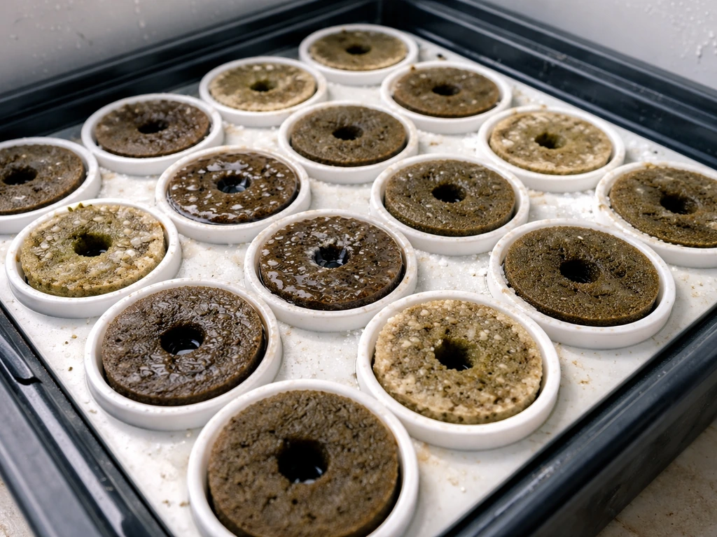 Close-up of plant plugs in a tray showing uneven wetness and slight mineral salt residue on some cells.