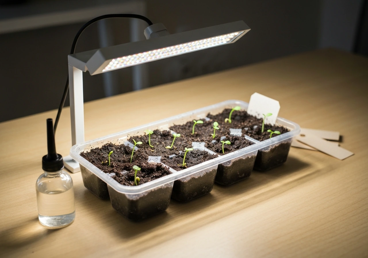 Close-up of a grow kit seed tray with sprouts under a small LED light, plus watering bottle and blank tags.
