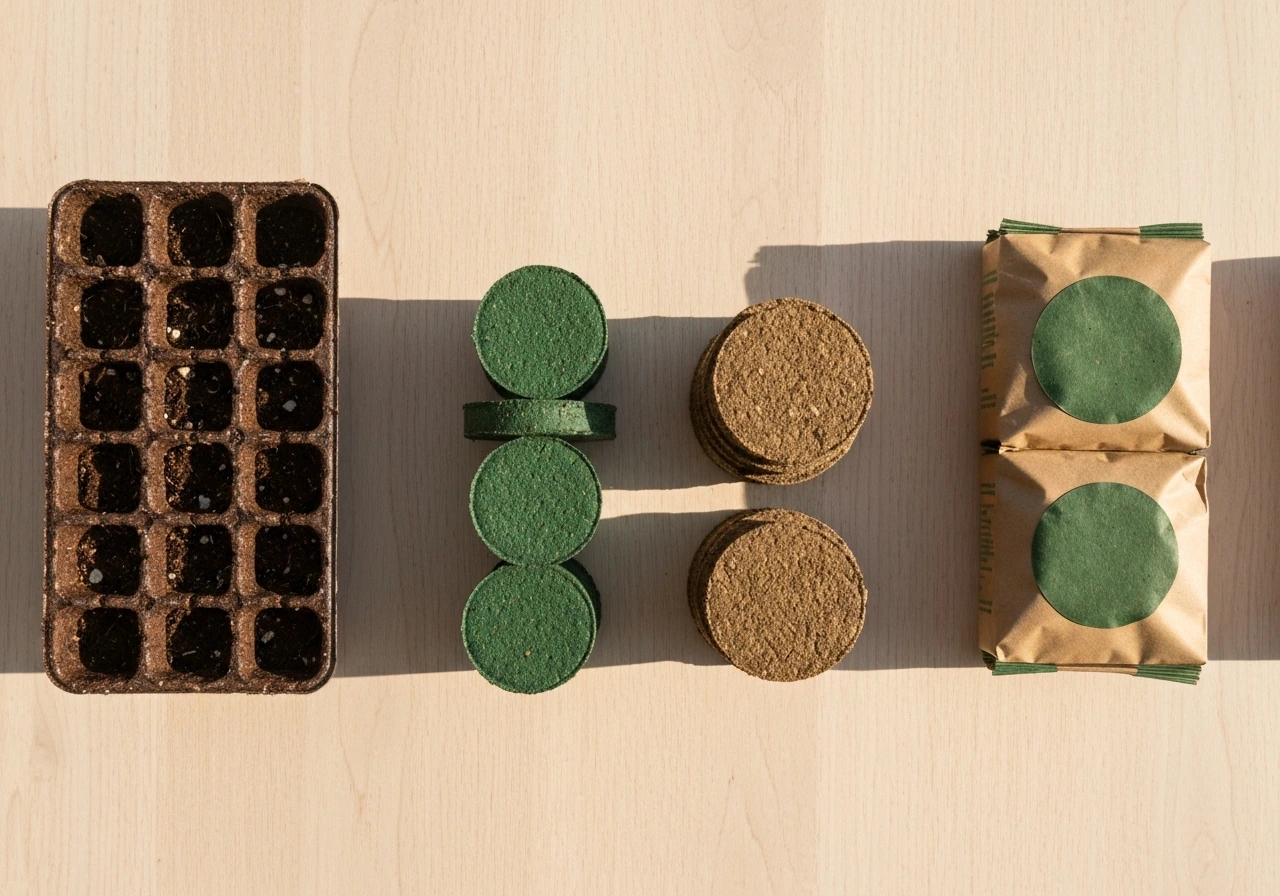 Overhead view of grow-kit tray, soil plugs, nutrient pod media, and seed-starting ingredients arranged neatly