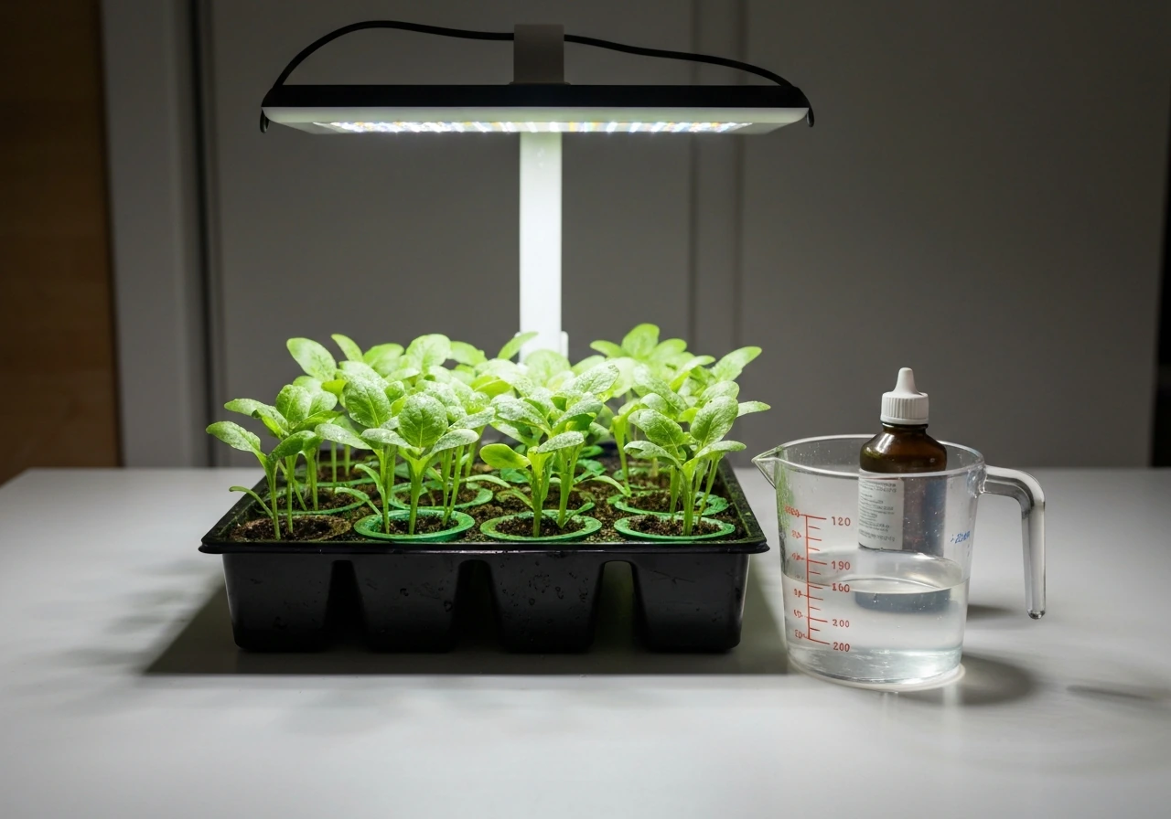 Seedlings under a small LED grow light with a water measuring cup and nutrient bottle nearby