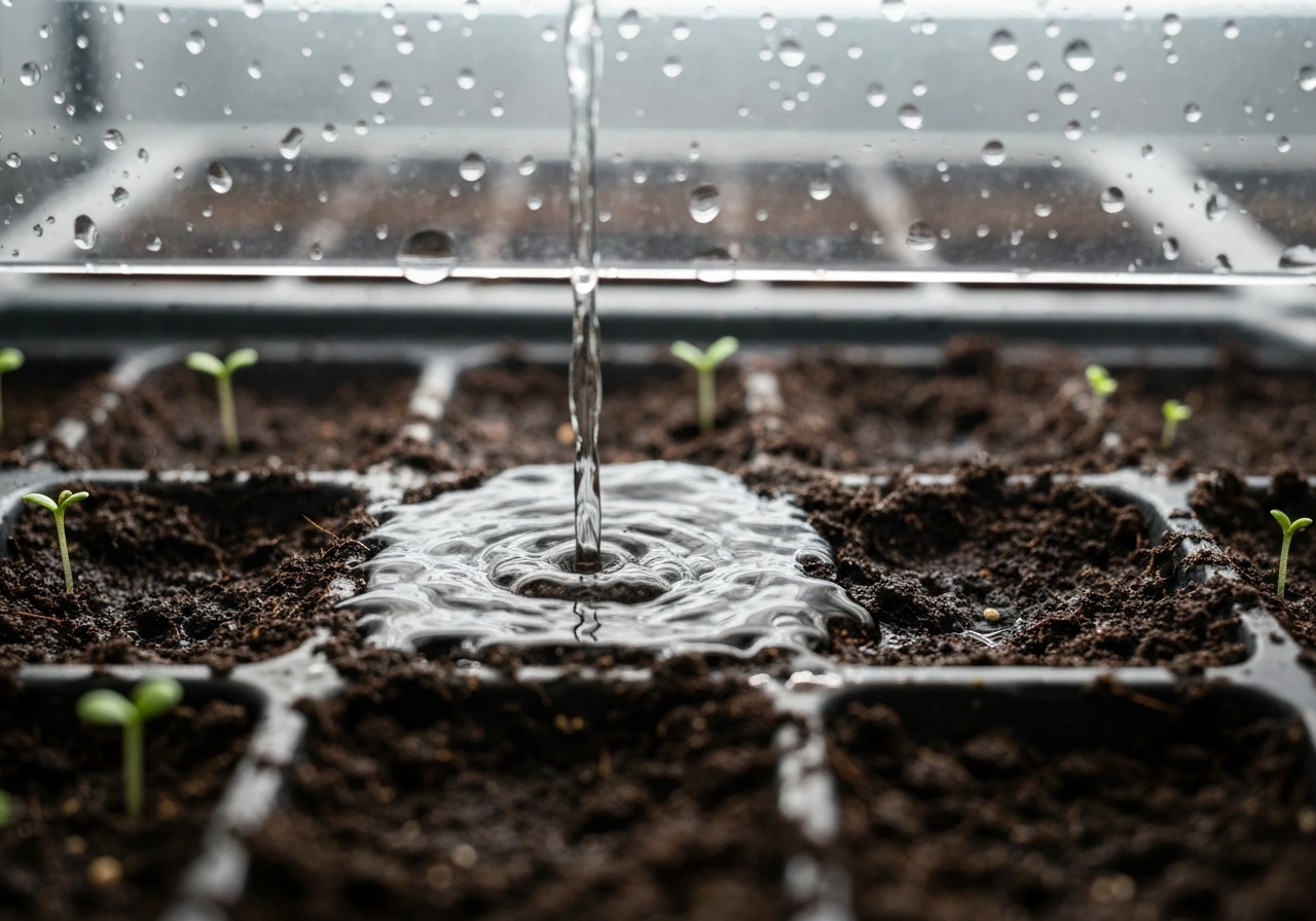 Close-up of a seedling tray being gently watered to keep the growing medium evenly moist without flooding.