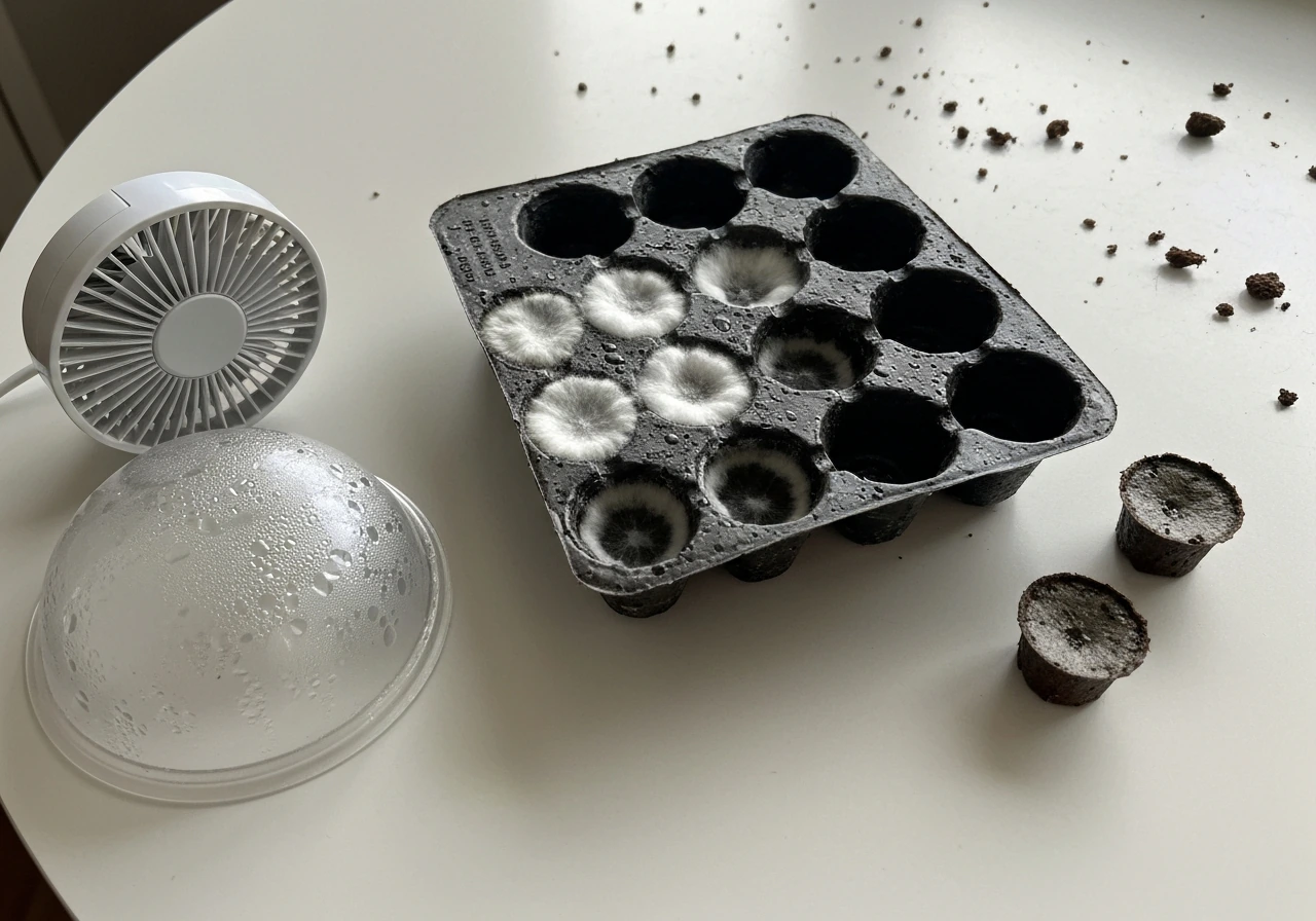 Seed tray with white fuzzy mold on plugs, with fan and removed humidity dome on a tabletop.