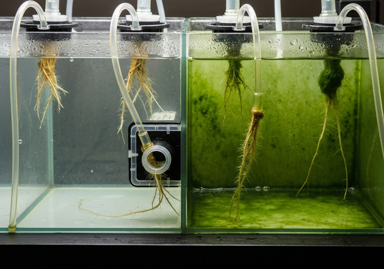 Hydroponic reservoir with visible roots and algae/clear water comparison, showing pump intake area and grow pods