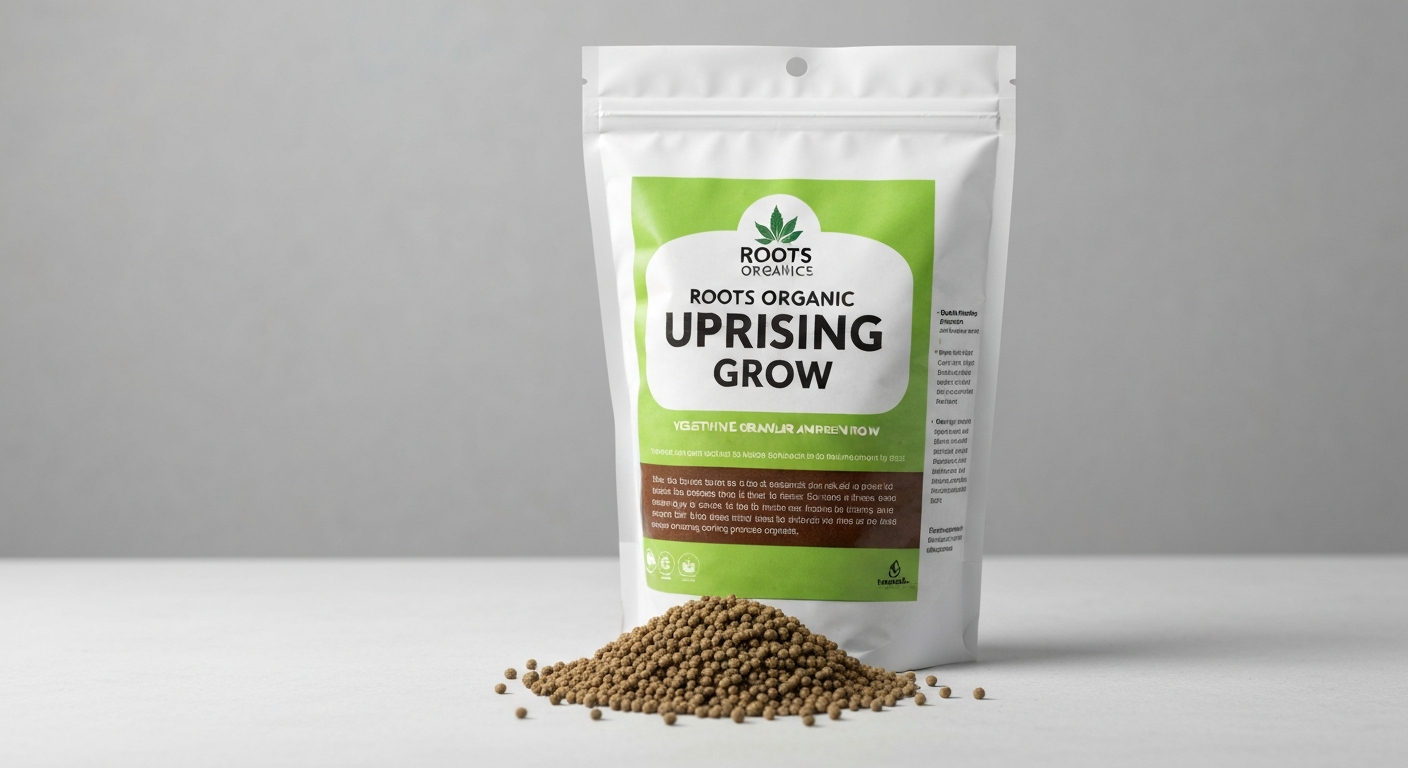 Bag of Roots Organics Uprising Grow with granules spilled in front, label visible