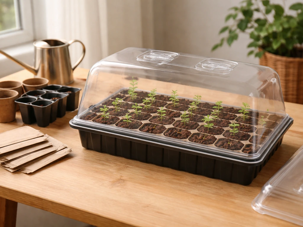 Mini greenhouse indoors with clear dome over seed tray and visible sequoia kit materials for sprouting seedlings.