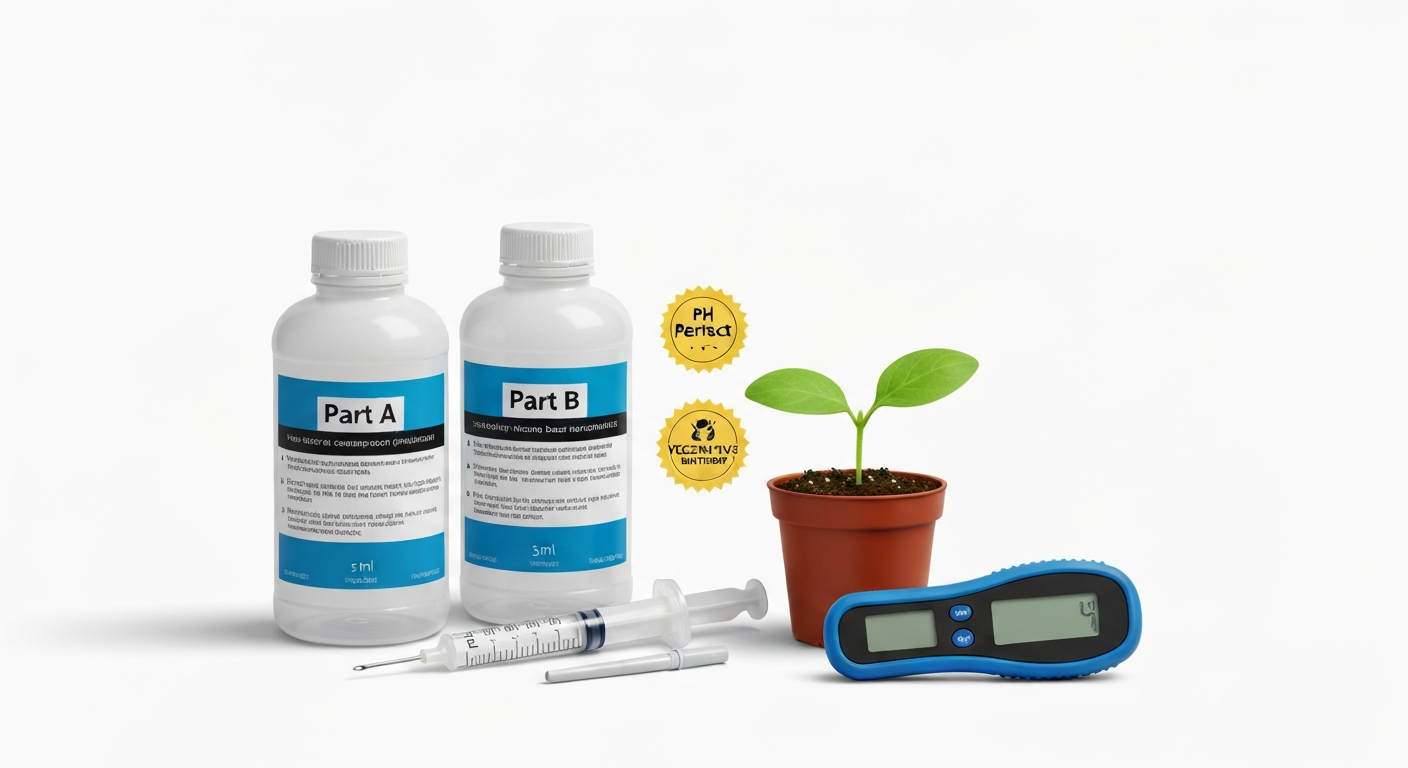 Two nutrient bottles labeled Part A and Part B beside a seedling, measuring syringes, a pH pen and an EC/TDS meter — a clean visual introduction to using a two-part vegetative nutrient.
