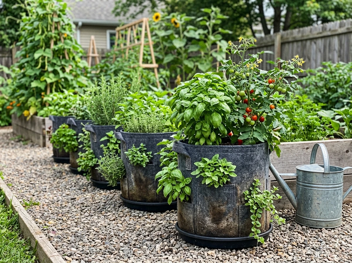 Blooming Acres grow bag setup with side holes and thriving plants outdoors