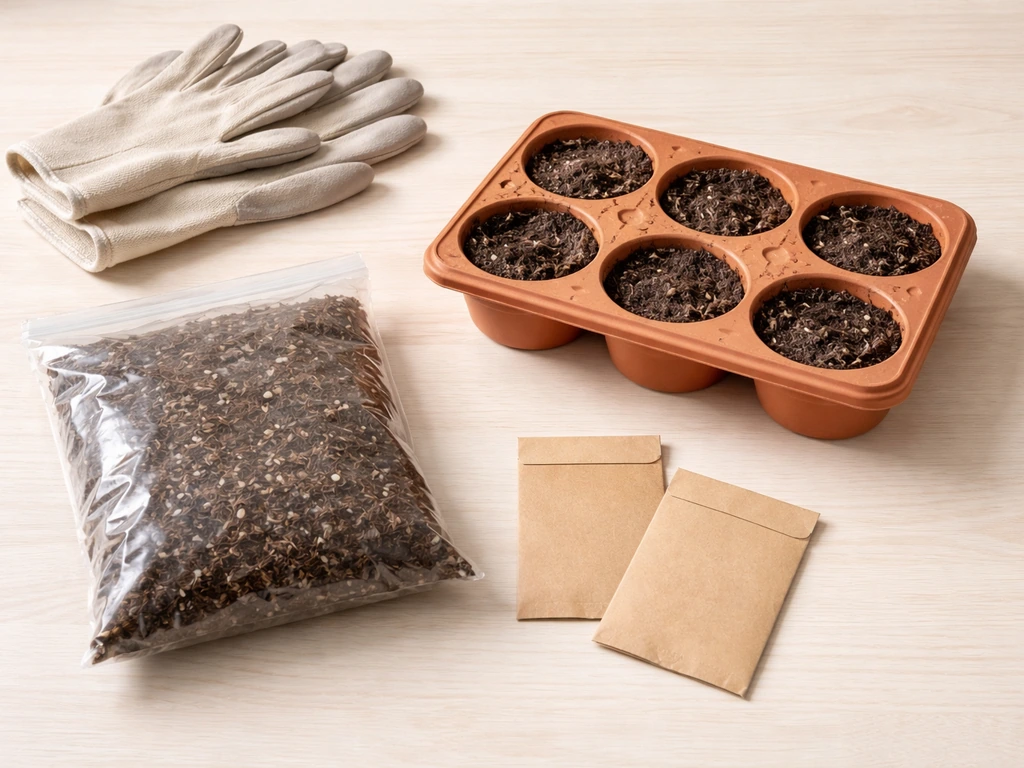 Flat-lay of a daisy grow kit: seed packets, growing medium, and a terracotta planter with soil.