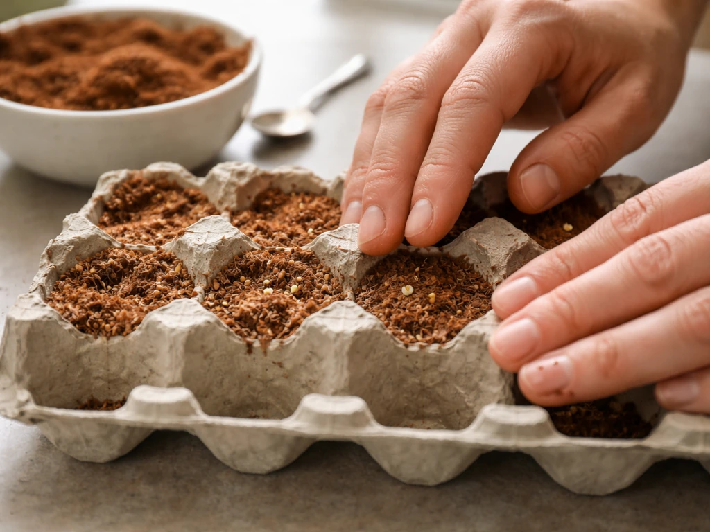 Hands placing expanded coconut husk medium into egg-carton seed cups with daisy and sunflower seeds