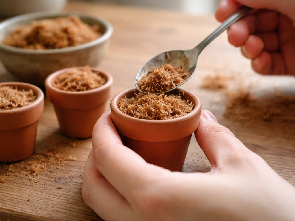 Close-up hands filling small terracotta pots with fluffed coconut husk medium, seed-ready.