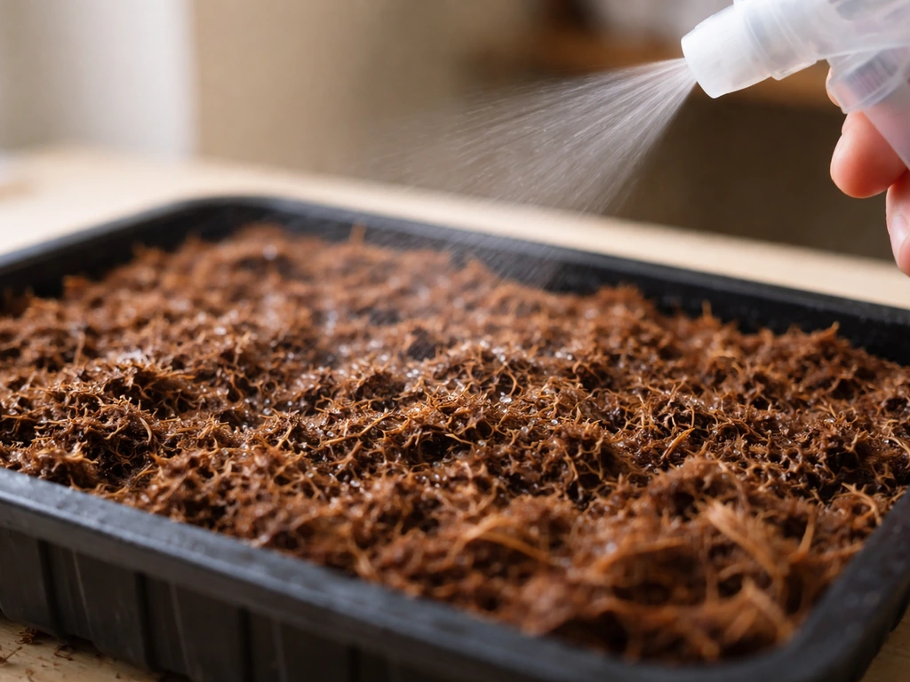 Light misting droplets on a coconut husk growing medium in a tray, not soaking wet.