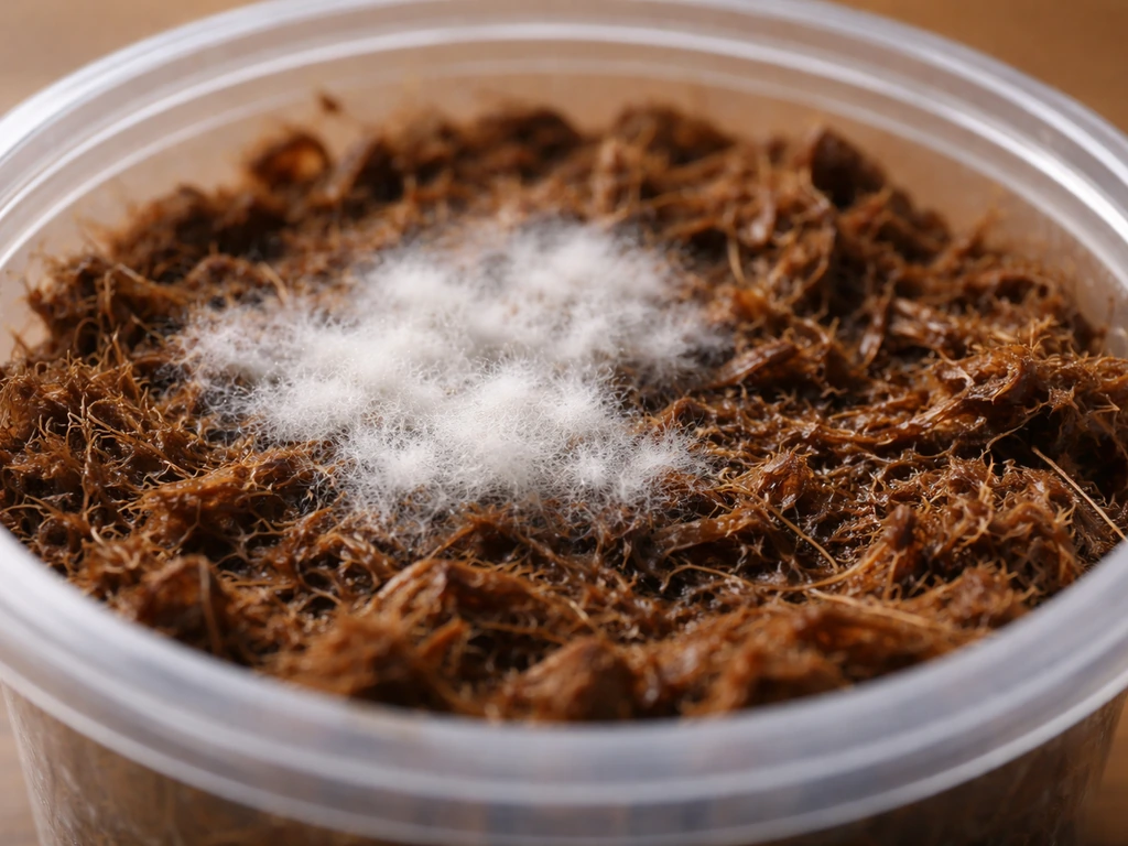 Close-up of white fuzzy mold starting on a coconut husk medium surface