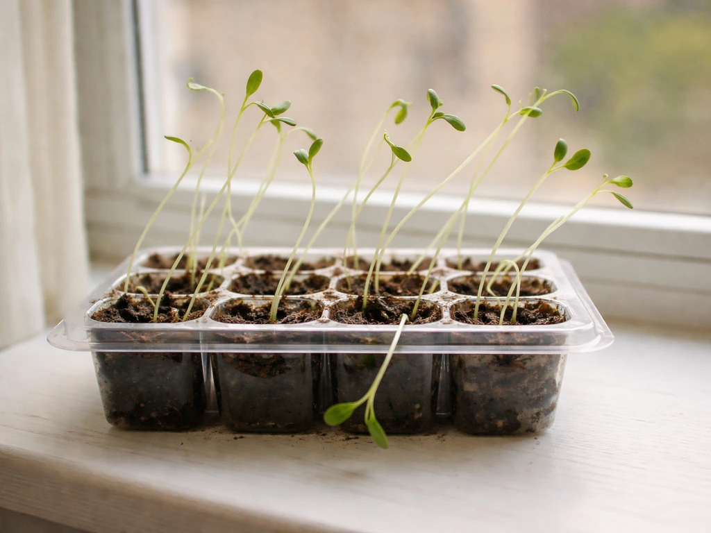 Leggy, floppy seedlings leaning in a clear seed-starting kit on a windowsill.