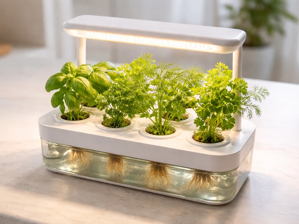 Top-down view of a glowing indoor herb garden with LED panel and visible plants in water reservoir pods.