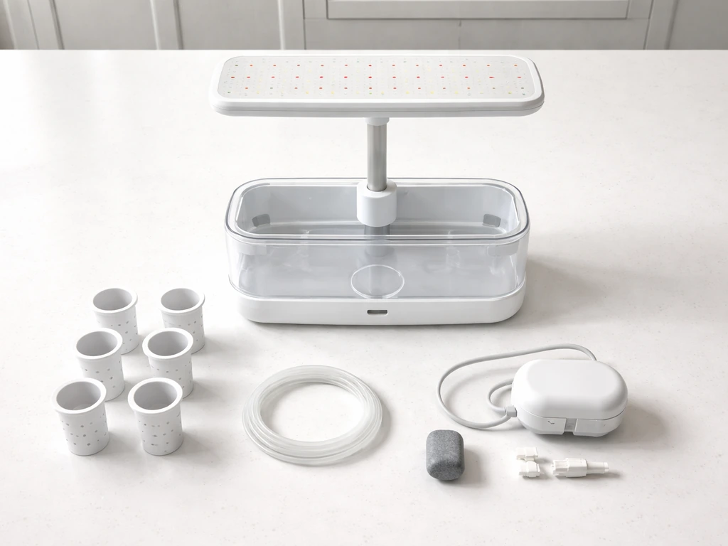 Overhead view of a compact indoor herb garden kit with parts laid out on a table for inspection.