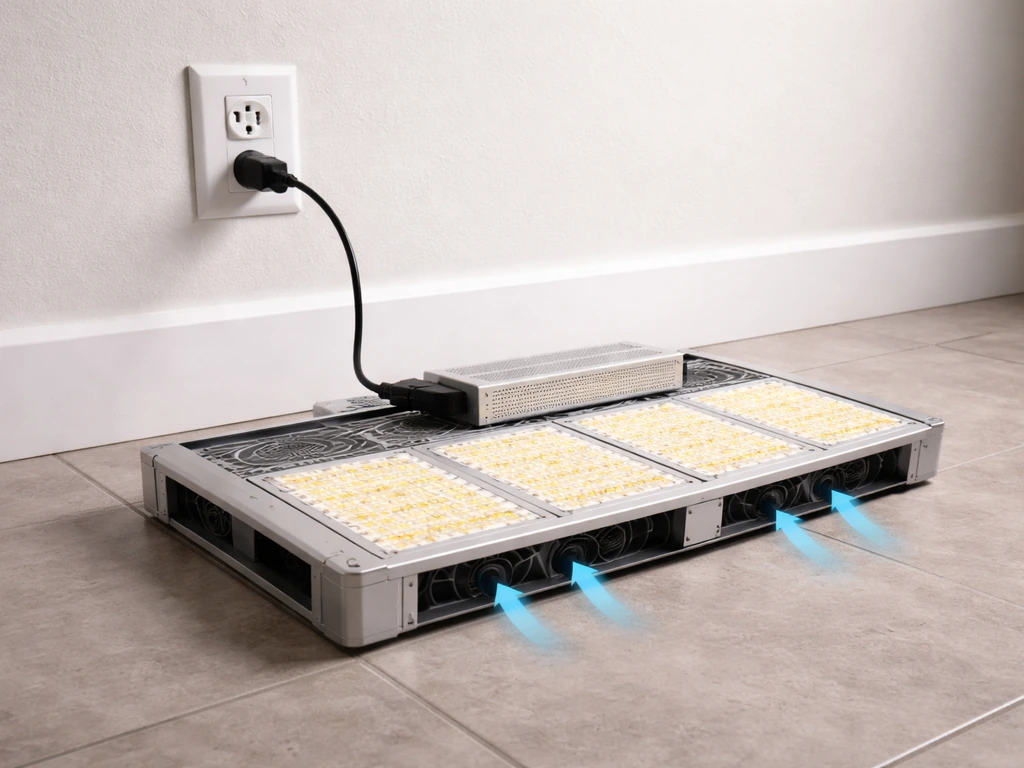 LED grow light kit placed near an outlet with open airflow around the base, side view.