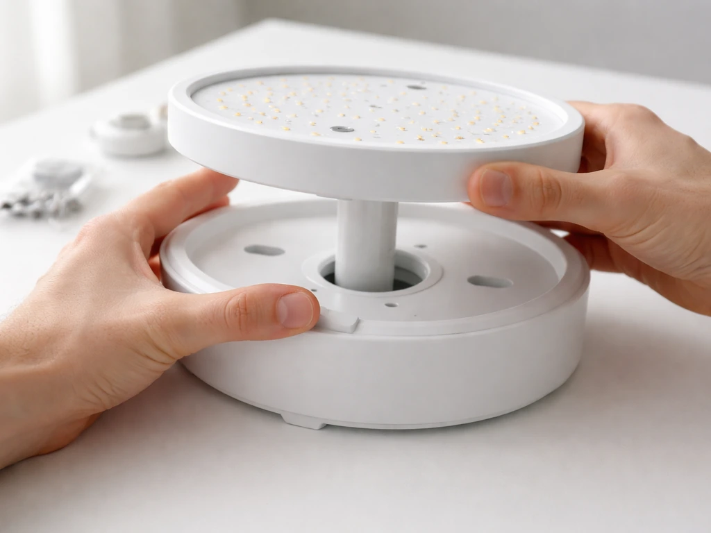 Hands snapping together an LED light housing and reservoir base on a clean table.