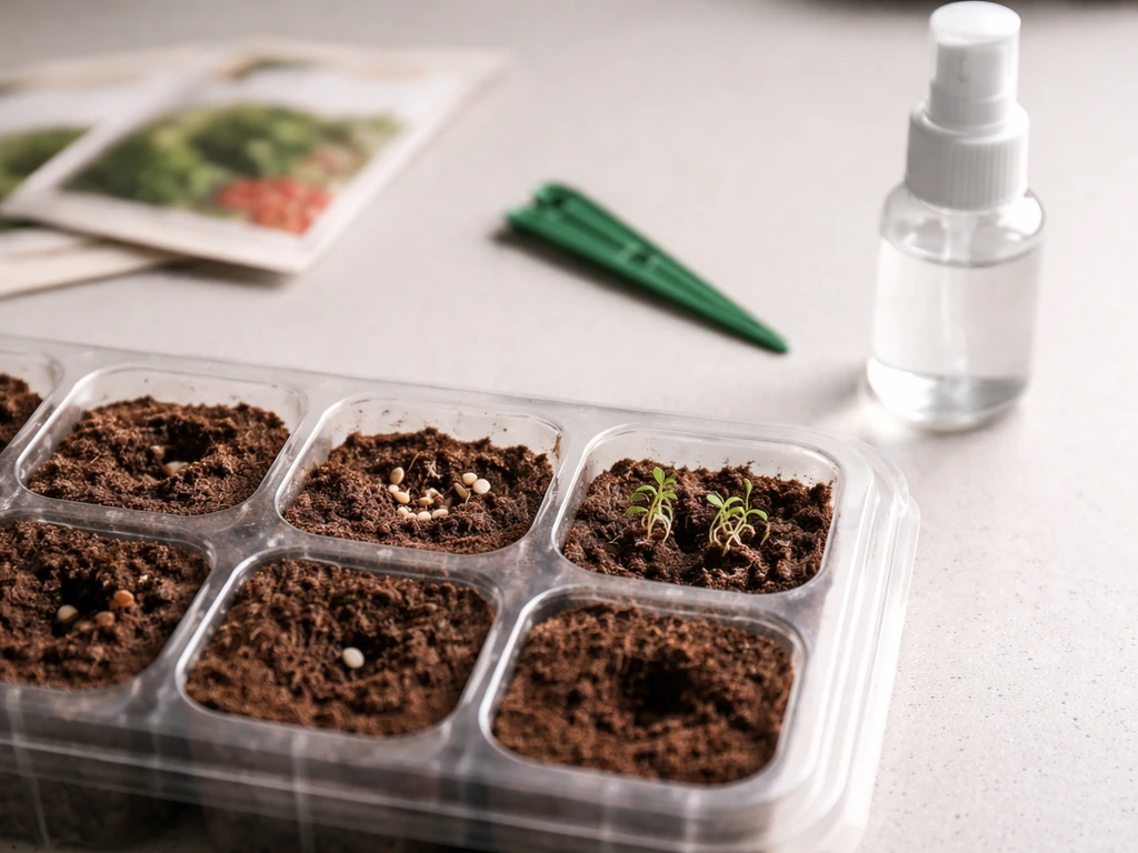 Close-up of plant seed pods with one failing to germinate, plus small tools and seed packet on a clean table.