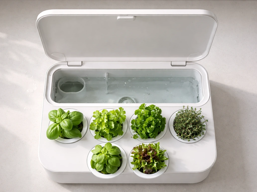 Top-down view of a Click and Grow countertop garden with lid open, showing water reservoir and installed pods