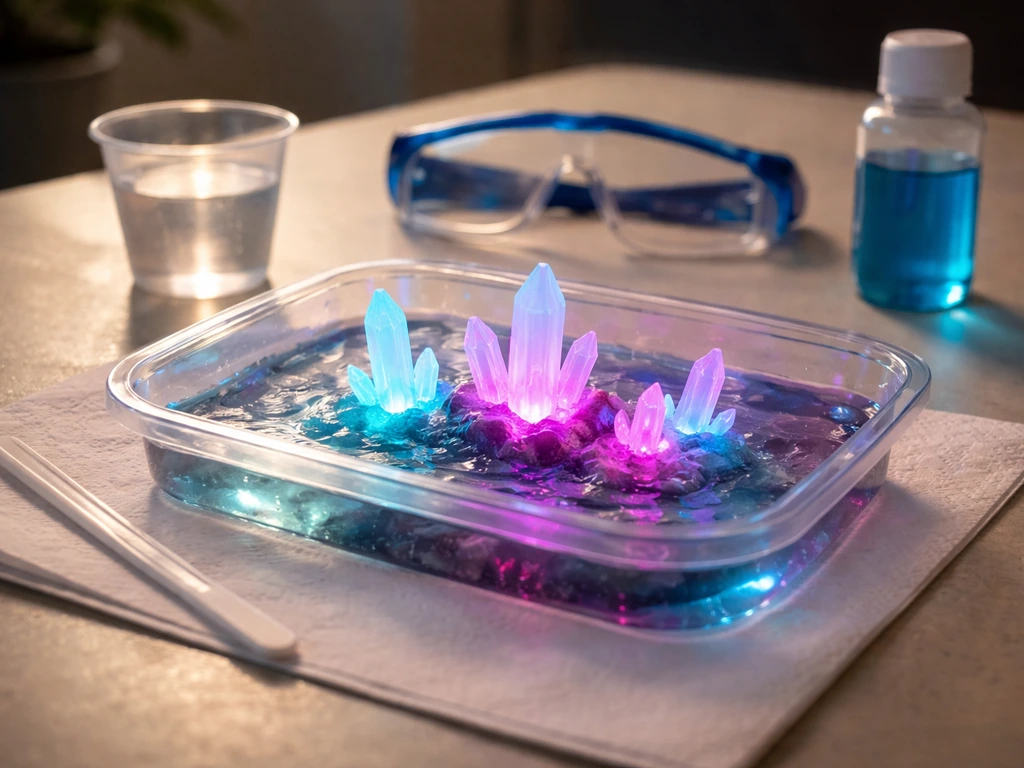 Neon crystal growth tray with glowing crystals and colorful lab materials in a kid-safe science kit setting