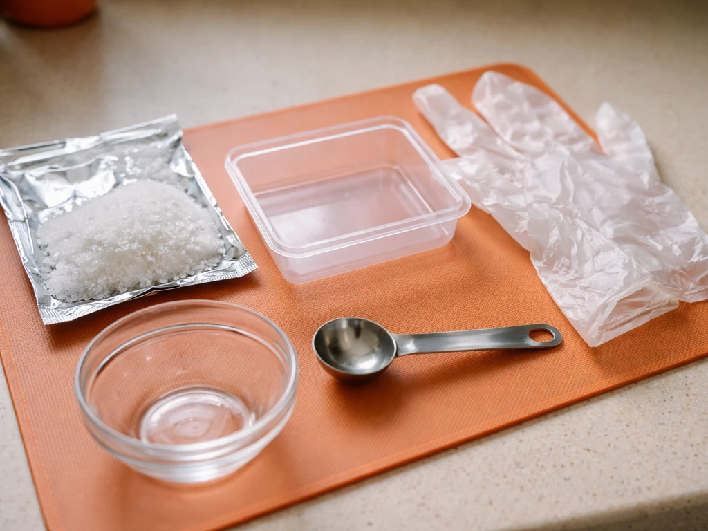 Science crystal kit contents and kitchen tools staged on a heat-safe mat, dry and ready before adding water.