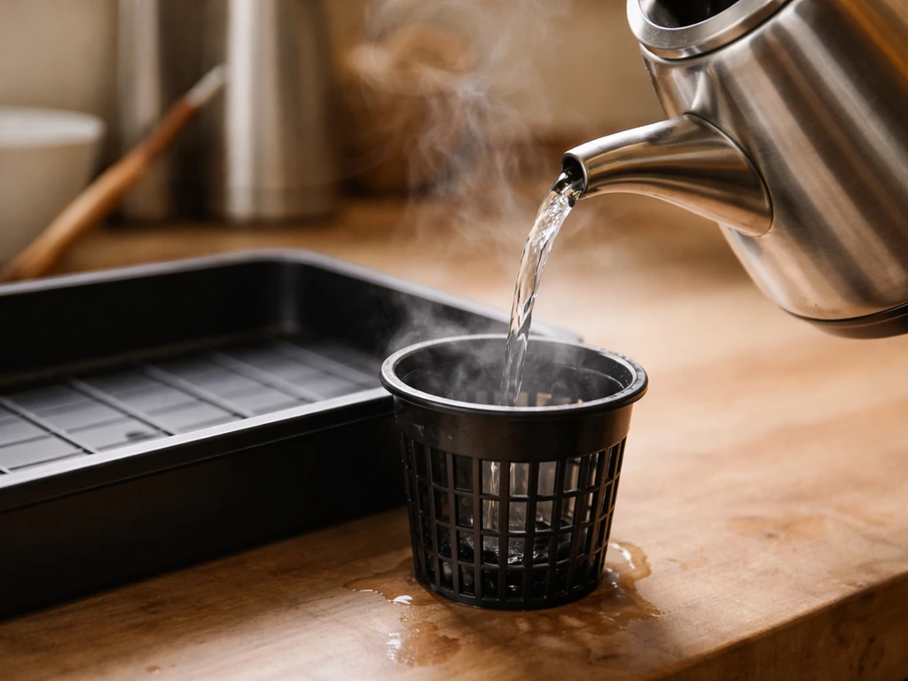 Hot clear solution pours from a kettle into a growing container beside a base tray, with light steam.