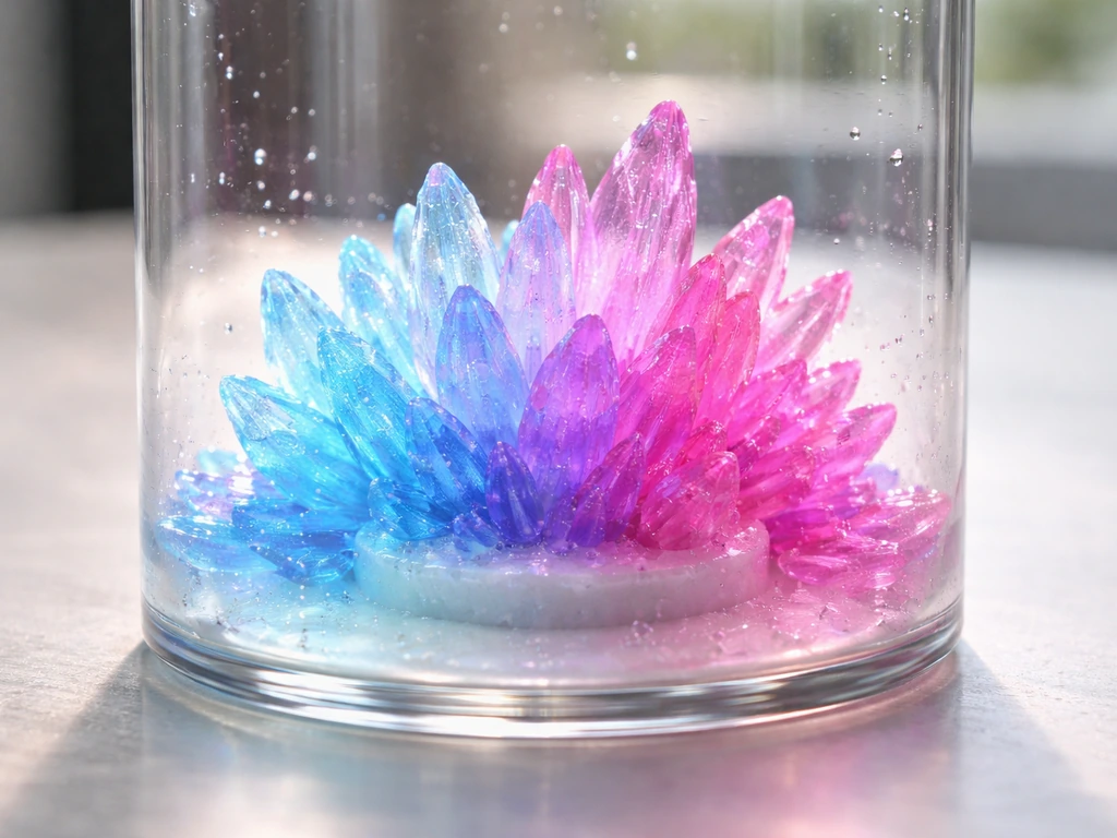 Neon crystal clusters forming around a small base piece in a clear glass container.
