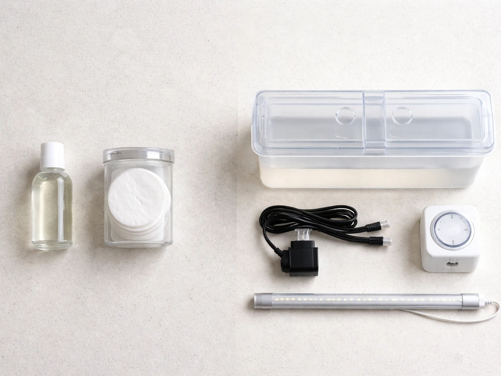 Overhead countertop layout contrasting nail-care items and a generic plant grow kit component set.