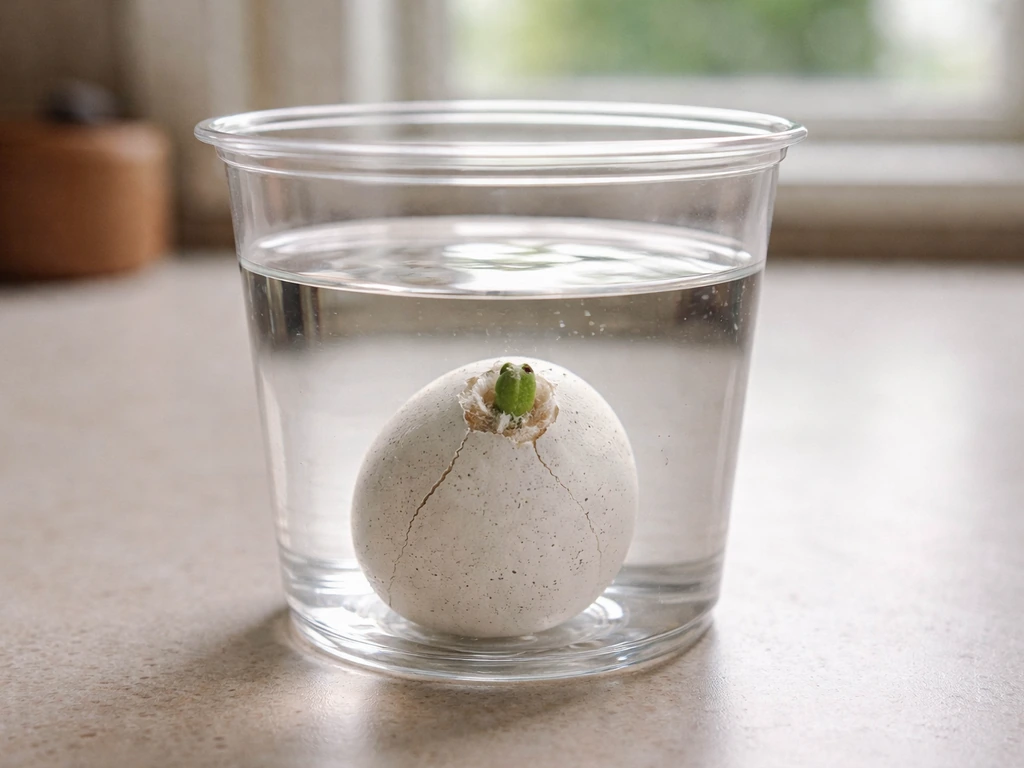 Clear water container with a grow egg showing early green sprout and slight fuzzy growth.