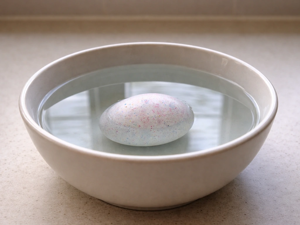 Close-up of a grow egg fully submerged in a wide bowl of clear water covering the entire shell.