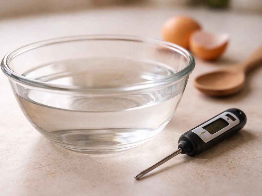 Kitchen bowl of lukewarm water with a thermometer beside it, preparing the right temperature for an egg.