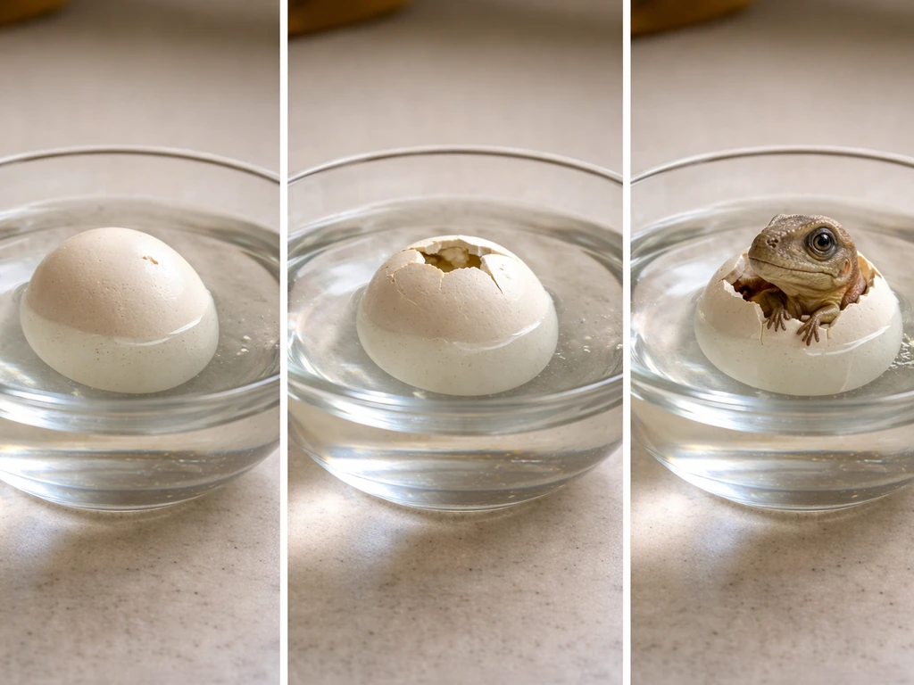 A minimalist staged egg-in-water timeline: softening, cracked opening, then a small hatchling emerges.