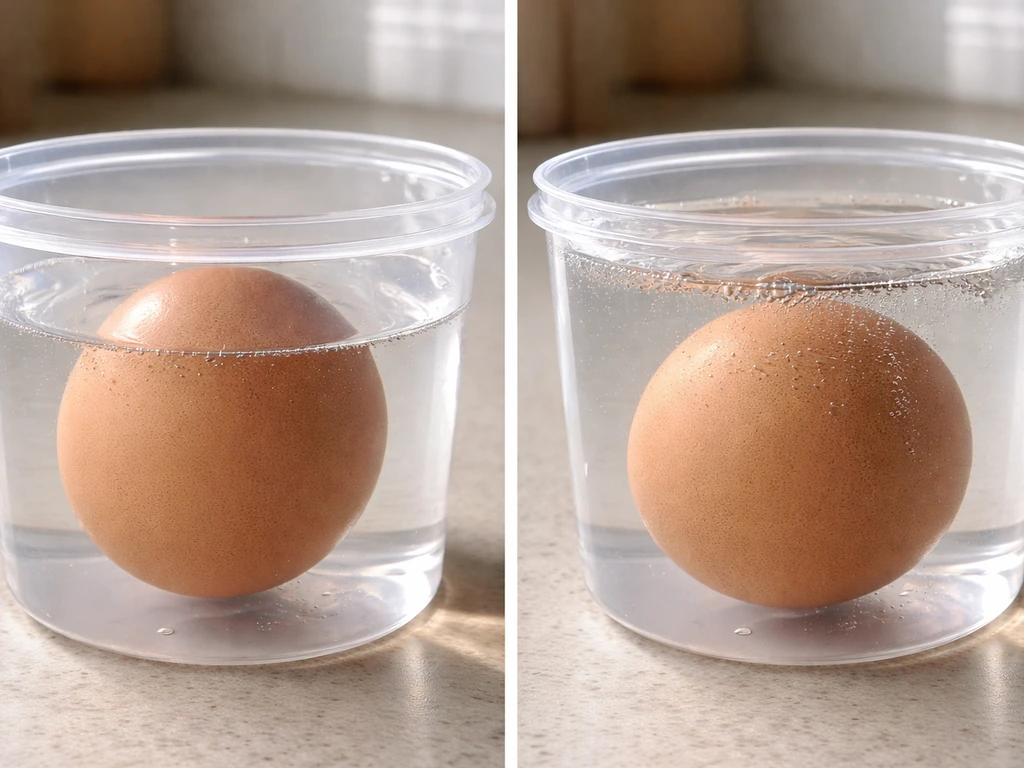 Split close-up showing an egg partly above waterline vs fully submerged after adding water.