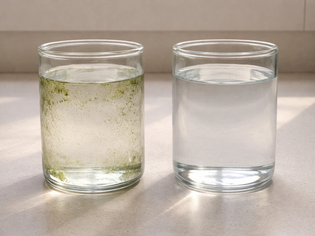 Two clear water containers side by side: one with green algae growth, one with clear clean water