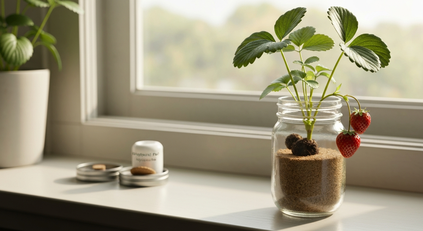 Indoor strawberry grow kit on a windowsill with a mason jar seedling and small ripe berries.