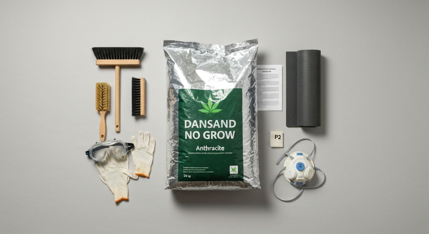 Top-down flat-lay of a sealed 20 kg DANSAND NO GROW bag (Anthracite) with broom, hand brush, rubber mat, hand tamper, goggles, gloves and P2 respirator on a light-grey background.
