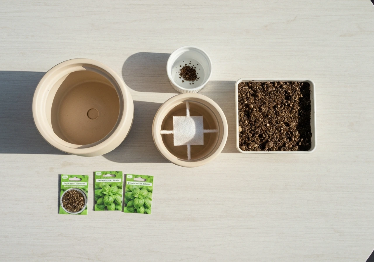 Top-down view of a buzzy basil grow kit components on a light wood table, ready for setup.