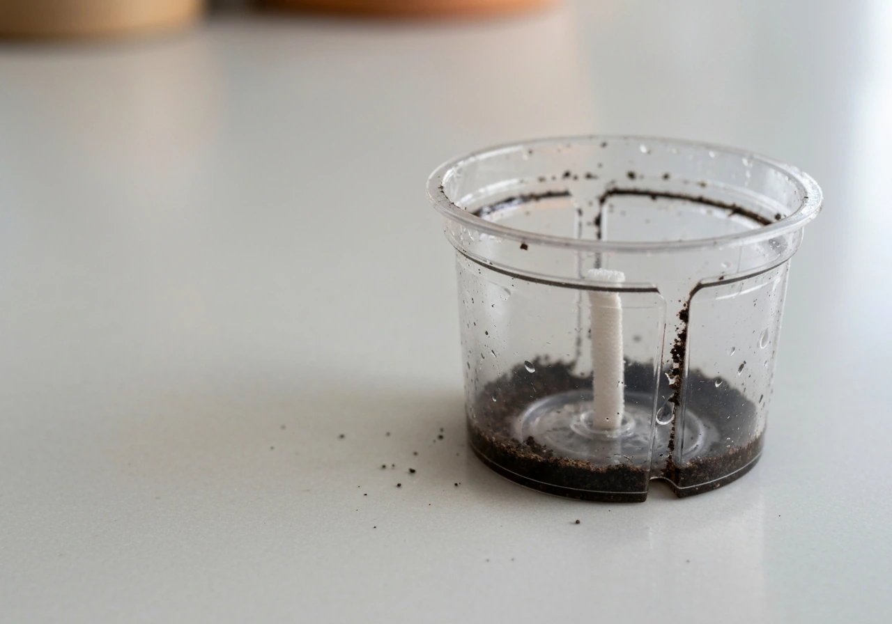 Close-up of a seed-starting kit showing its inner pot and wick channel for self-watering identification.