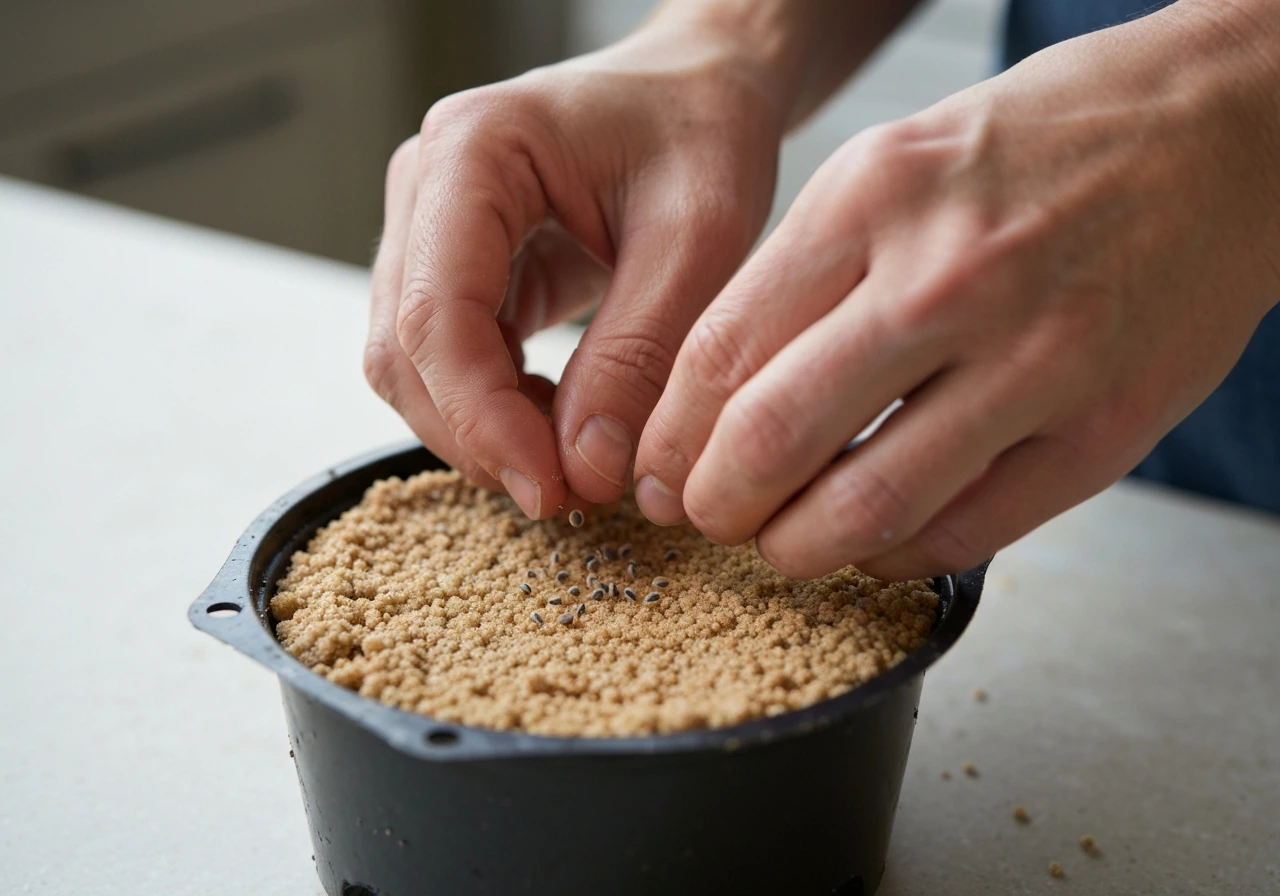 Close-up of hands dropping tiny basil seeds into pre-hydrated growing medium in an inner container pot