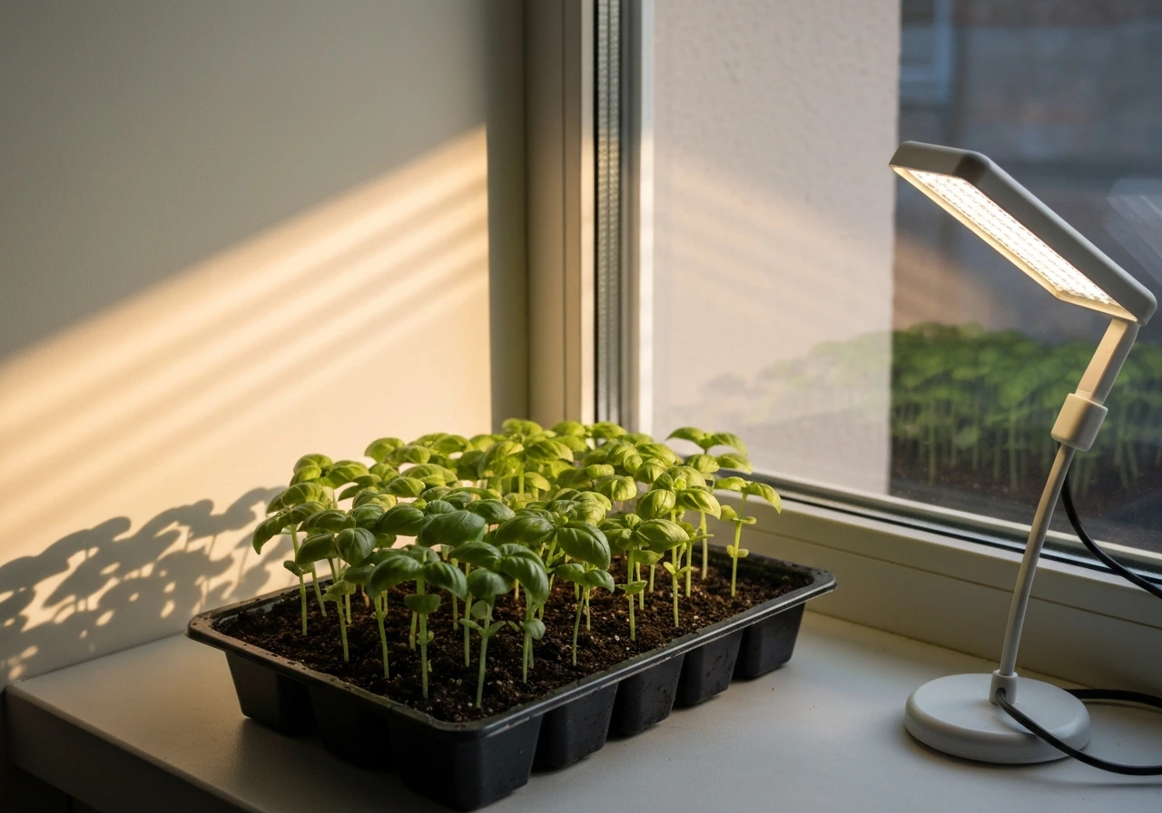 Basil seedlings on a bright windowsill near a small grow light, sunlit shadows showing direction