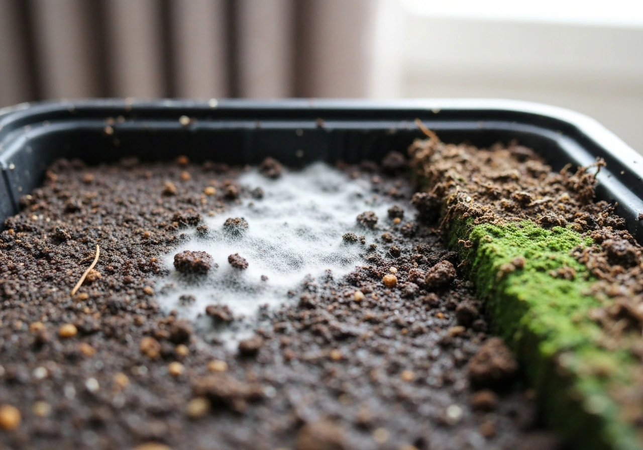 Macro close-up of fuzzy white mold and slight green algae on a seedling growing medium surface.