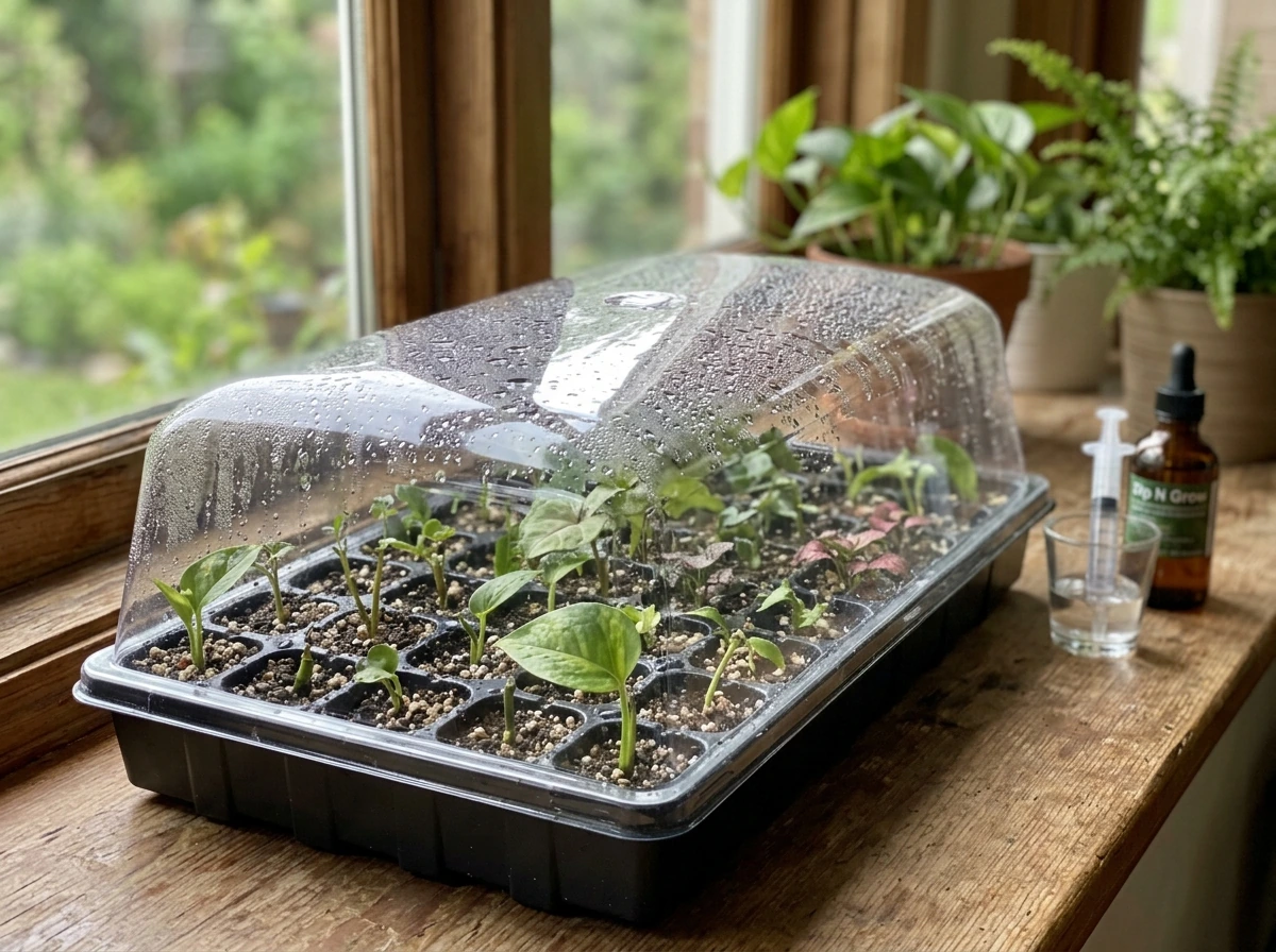 Humidity-dome propagation tray showing cuttings ready for dipping, planting, and early rooting conditions