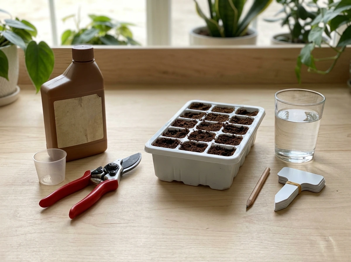 Parts checklist showing tools, dilution cup, water, rooting tray, and Dip N Grow concentrate