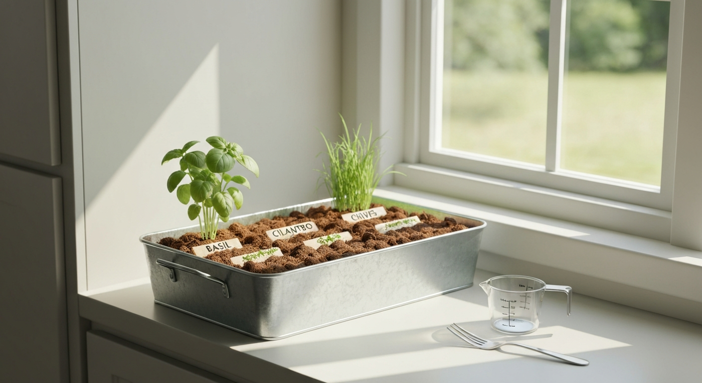 Galvanized Buzzy Kitchen Herbs planter on a sunlit windowsill, divided and labeled for basil, cilantro, and chives, with measuring cup and fork beside it.