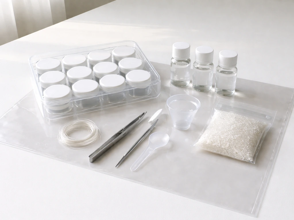 Minimal tabletop layout of crystal jewelry kit items: jars, solution, seeds, string, tweezers, and protective sheet.
