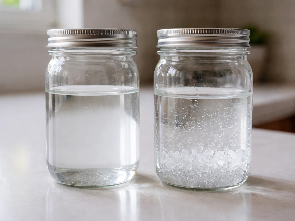 Side-by-side jars of clear liquid with one failing and one beginning to crystalize